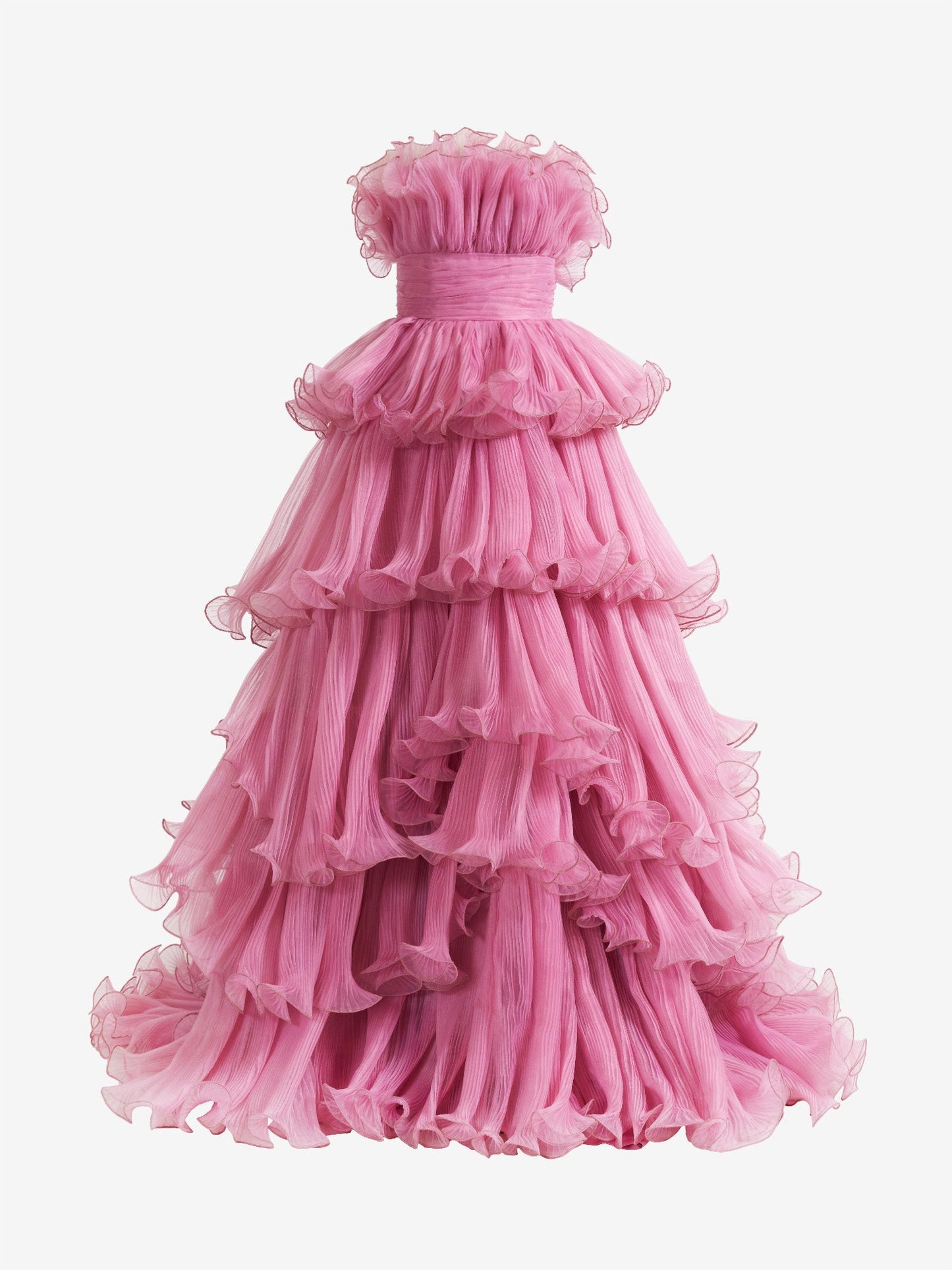 Vanessa | Pink Strapless A-Line Crinkled Tulle Prom Dress with Tiered Ruffles