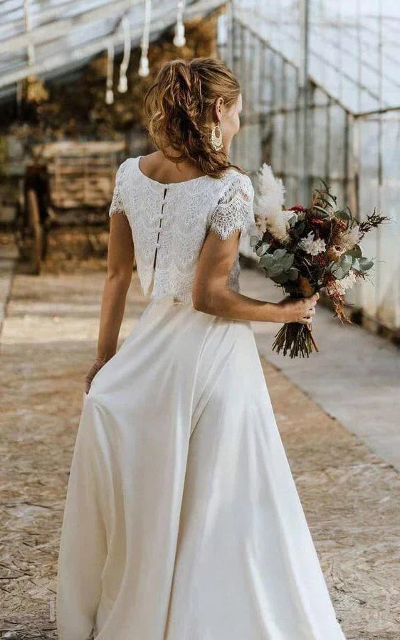 Boho Vintage Two-Piece Satin and Lace Wedding Dress with Bateau Neckline, Short Sleeves, and Sweep Train