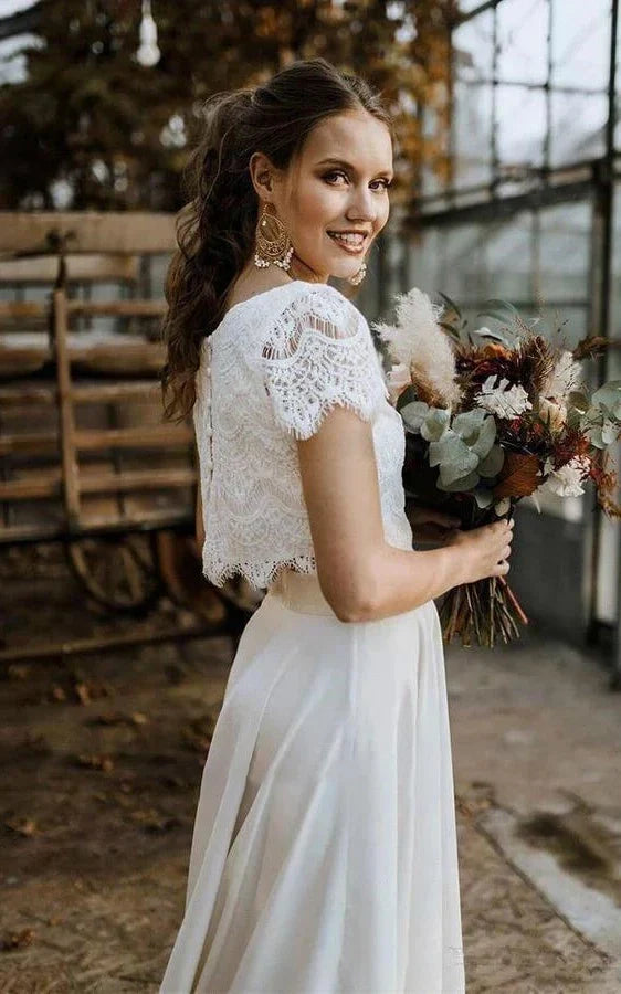 Boho Vintage Two-Piece Satin and Lace Wedding Dress with Bateau Neckline, Short Sleeves, and Sweep Train