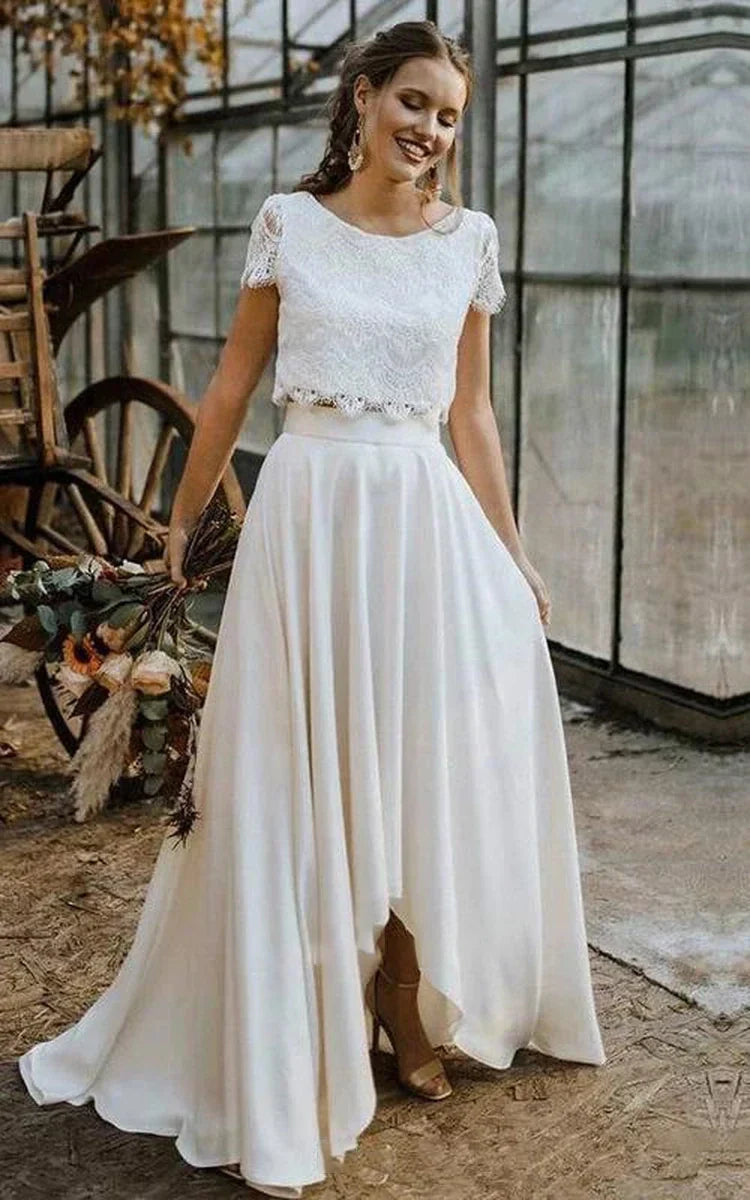 Boho Vintage Two-Piece Satin and Lace Wedding Dress with Bateau Neckline, Short Sleeves, and Sweep Train