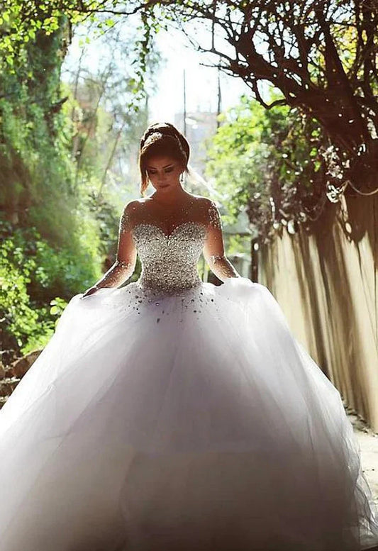 Vintage Long Sleeve Beaded Ball Gown Tulle Lace-Up Wedding Dress