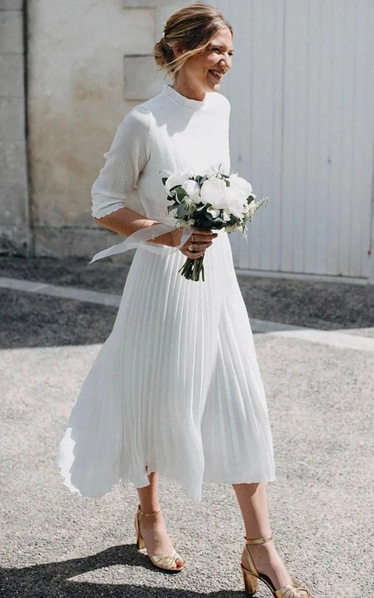 Vintage-Inspired Modest A-Line Tea-Length Wedding Dress with Long Sleeves and High Neck