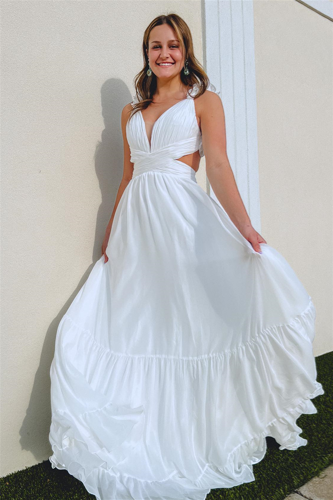 White A-Line Prom Dress with Ruffle Straps, Pleated Cut-Out, and Deep V-Neck