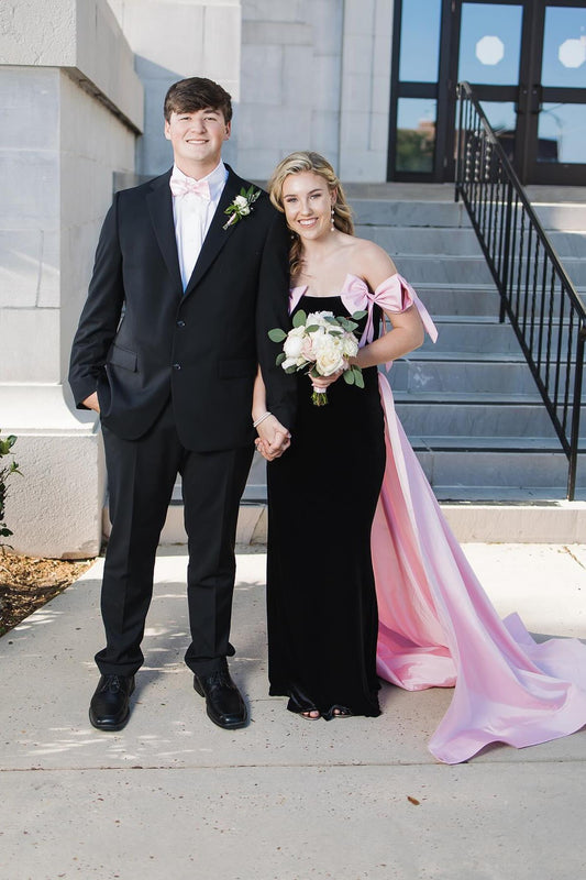 Cute Strapless Black Sheath Prom Dress with Pink Bow Accents